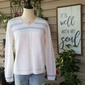 LIZ CLAIBORNE ♡ Gorgeous Vintage White 'n Blue Knit Embroidered V Neck Sweater M